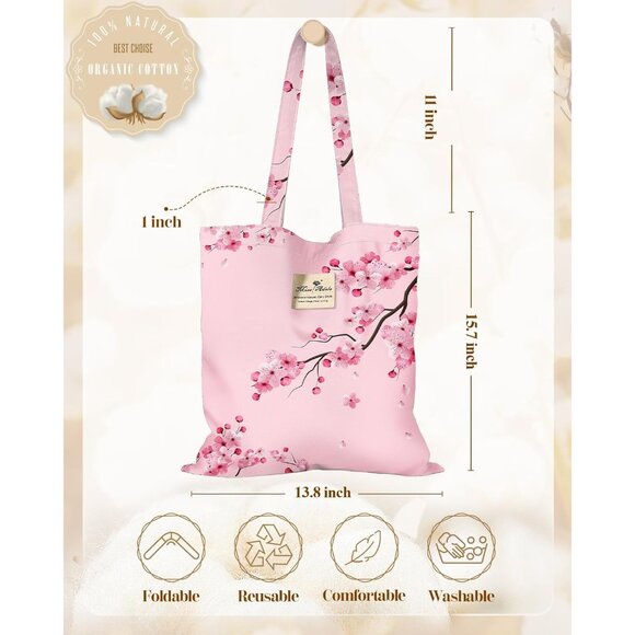 Chic Peach Blossom Cotton Tote Bag - Stylish & Spacious with Pocket & Buckle - Picture 2 of 6